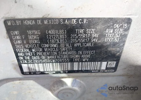 2016 Honda Hr-V Ex z USA, uszkodzony, nr VIN 3CZRU5H59GM706555